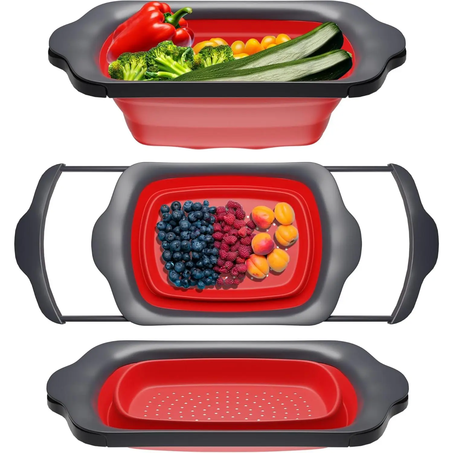 XL Large Kitchen Strainer by  - Collapsible  Over-The-Sink Colander with Extendable Handles - Use with Pasta, Fruit, Berries & Veggie - 6 Quart - Red