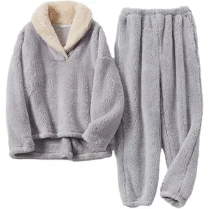 Mens Fluffy Coral Fleece Pajamas Set Pullover Pants Loose Plush Warm Loungewear Sleepwear