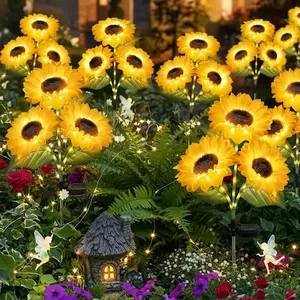 Solar LED Sunflower Garden Lights – 2- or 4-piece sets; featuring realistic lighting effects at night, perfect for decorating courtyards, lawns, patios, and porches; IP65 waterproof rating; energy-efficient outdoor lighting; made from durable plastic.