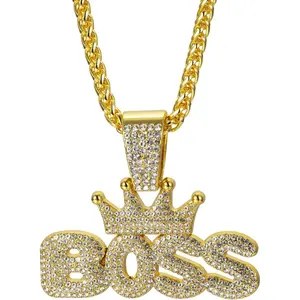 New European and American Hip Hop Necklace Long Necklace Crown BOSS Alloy Full Diamond Pendant Men's Fashion Accessories The necklace