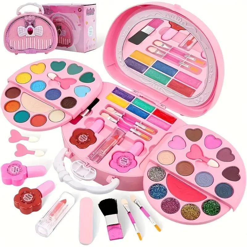 Kids Makeup Kit for Girls, Washable Play Makeup Playset with Portable Cosmetic Case, Pretend Beauty Toy with Lipstick Eyeshadow Blush, Ideal Christmas Birthday Easter Gift for Little Girls Princess Dress Up Role Play