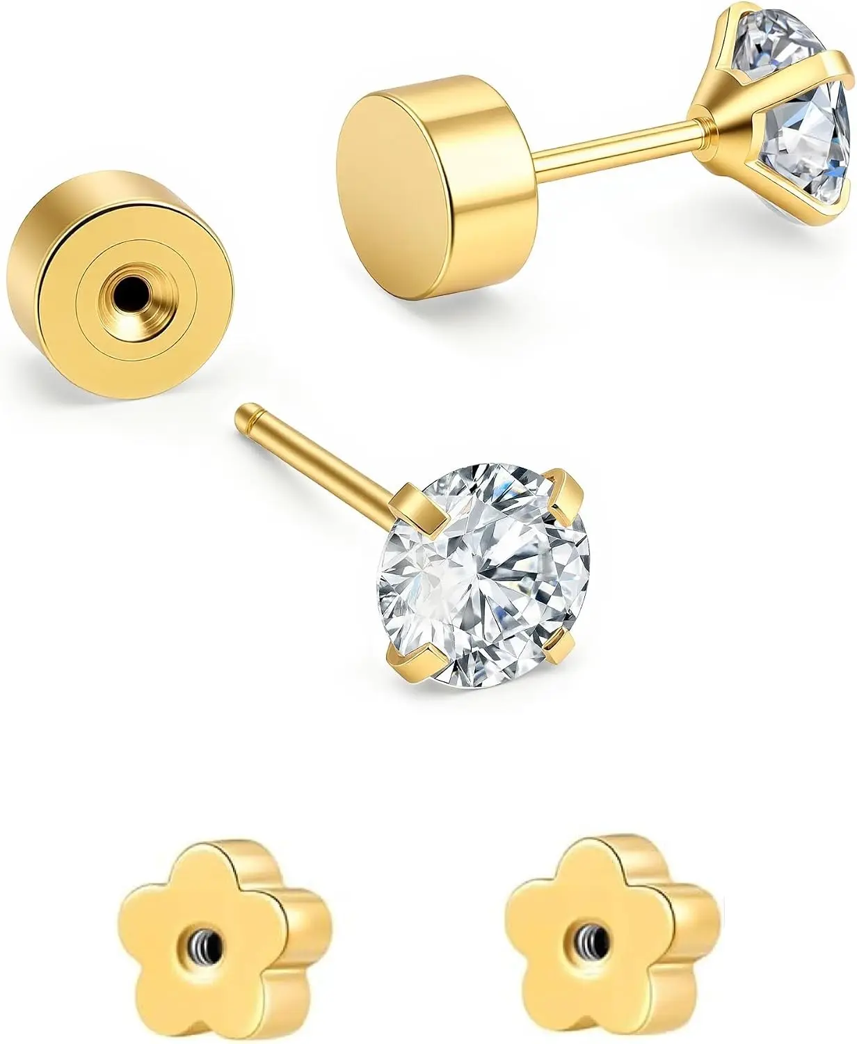 1Pair 20G 14K Gold Plated Screw Back Flat Back Studs – Surgical Steel CZ Round Diamond Cartilage Earrings for Helix Tragus Earlobe, Hypoallergenic Nickel-Free with 2 Flat Backs (Round & Flower) for Women Men (2mm 3mm 4mm 5mm)