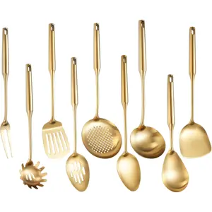 Gold Kitchen Utensils Set 18/10 Stainless Steel 6 Pcs Professional All Metal Cooking Utensils Set 12-15", Wok Spatula, Ladle, Skimmer, Slotted Spatula Turner, Spaghetti Spoon, Large Spoon
