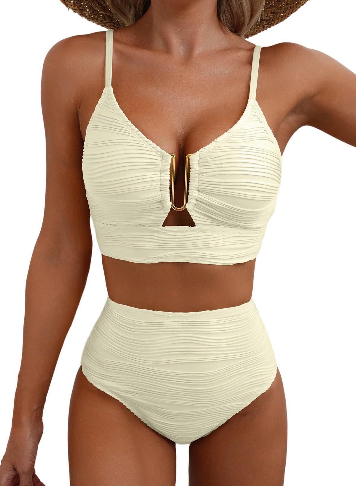 2 Piece Bikini Set U-Wire Cutout Swimsuit High Waisted Textured 2026 Summer Swimming Clothing Beach Water Sports Tummy Control Swimwear