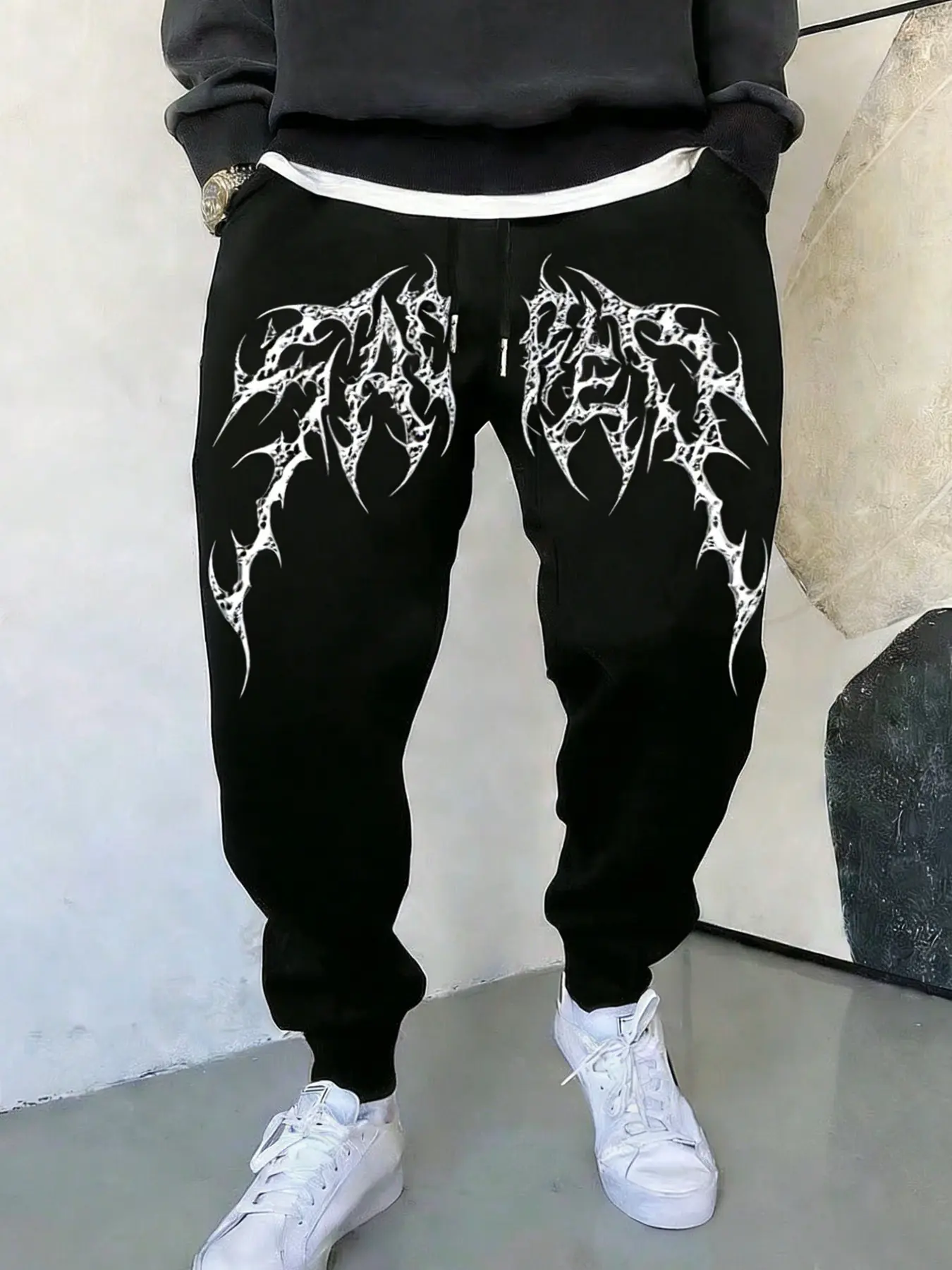 Men's Dark Metal Wind Element Jogger Pants, Wing Graffiti Print Design, Breathable Fabric, Fitted Style, Streetwear, Casual, All Seasons, Printed Sweatpants