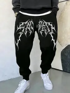 Men's Dark Metal Wind Element Jogger Pants, Wing Graffiti Print Design, Breathable Fabric, Fitted Style, Streetwear, Casual, All Seasons, Printed Sweatpants