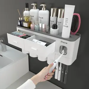 iHave Toothbrush Holders for Bathrooms, 4 Cups Toothbrush Holder Wall Mounted with Toothpaste Dispenser - Large Capacity Tray, 2 Cosmetic Drawer - Bathroom Organizer & Bathroom Accessories Set New!-Black Gold