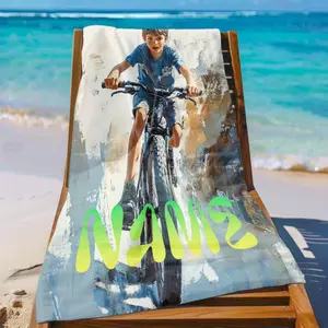Cozy Personalized Name Print 1pc Boy on Bicycle Extra Large Microfiber Beach Towel - Ultra Soft, Fast Drying, Highly Absorbent, Sand-Free, Lightweight & Portable Bath Accessory for Swimming, Pool | Sports Towel