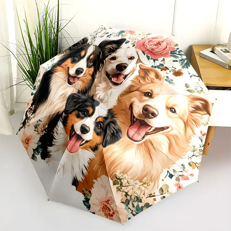 1 PC Automatic Folding Umbrella - Floral Border Collie Portrait Pattern, Portable & Foldable Design with 8 Ribs, Merry Christmas Pattern,Casual Outdoor Accessory Halloween and Christmas Birthday Gifts. J007
