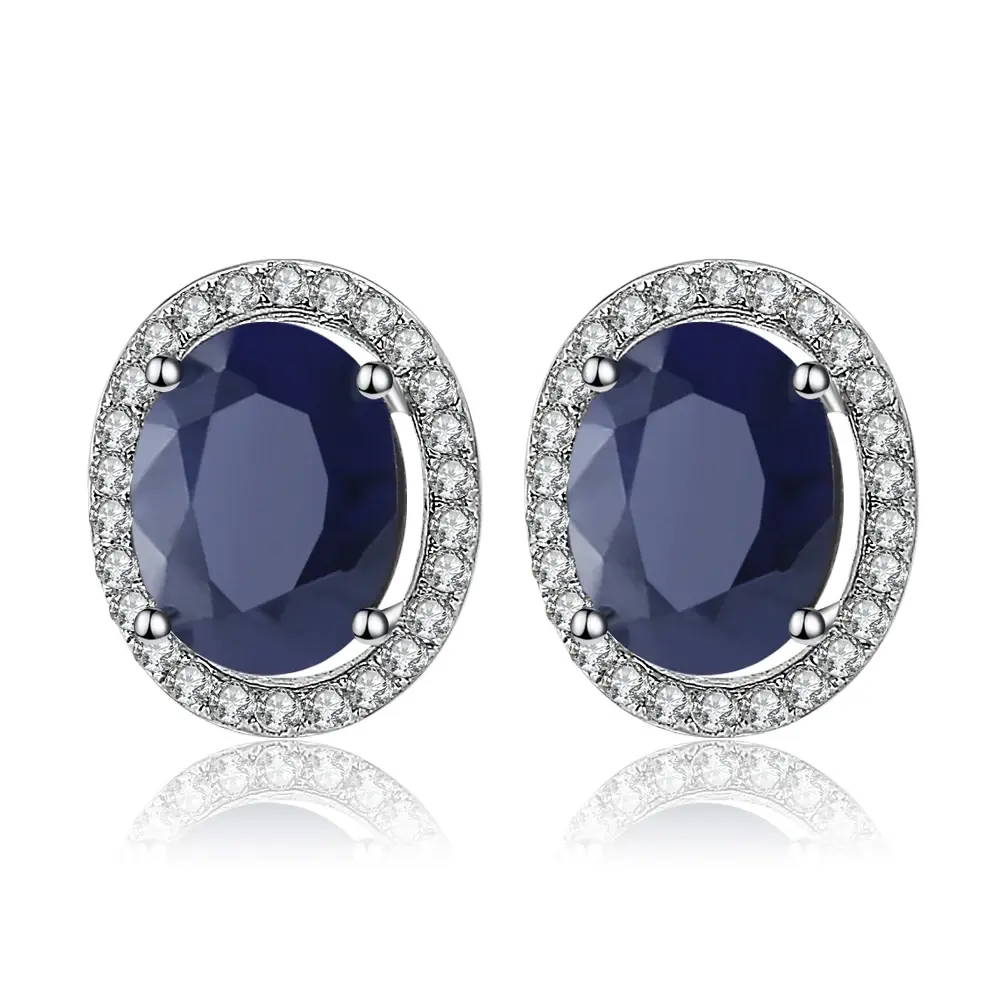 Women's 925 Sterling Silver Stud Earrings - 1 Pair 7*9mm Round Natural Blue Sapphire Vintage Fine Jewelry, Female Wedding Anniversary Gift, Fashion Accessory with Third Party Appraisal, Other