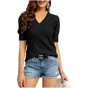 LAICIGO Womens Puff Short Sleeve Sweater V Neck Pullover Tops Ribbed Knit Sweater Blouse