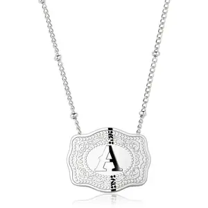 Titanium Steel Rhodium-Plated Initial Letter Pendant Necklace with Embossed Belt Buckle, Personalized Pendant Necklace for Women