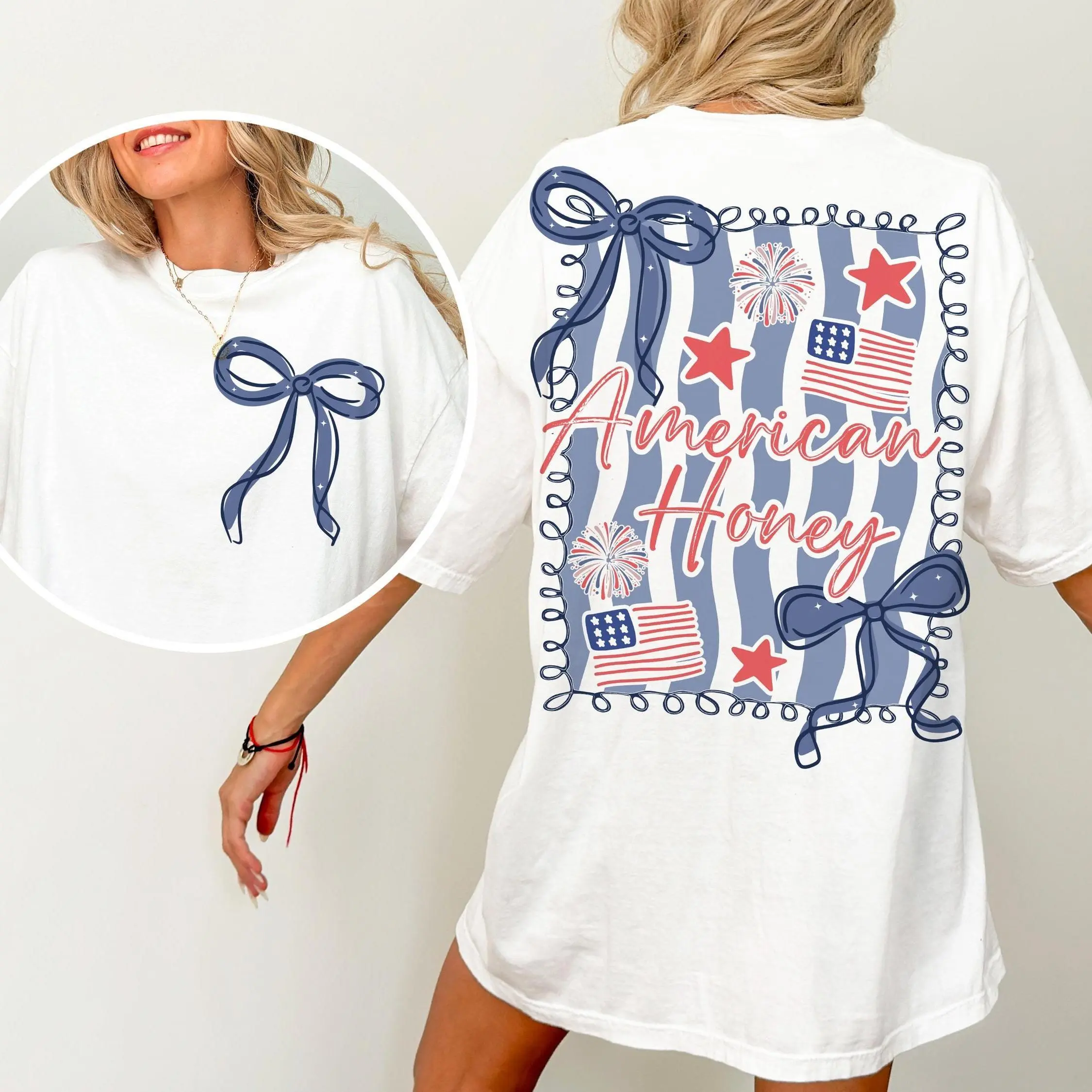 Women's Unisex Printed American Honey Coquette Bow Graphic Casual Top, Patriotic Ribbon-Firework Print Oversized Back Crew Neck Cotton T-Shirt, Red White Blue Aesthetic for 4th of July Enthusiasts, Tshirt, American Style Women's T-Shirts