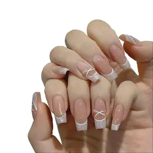 T15 Ballet Girl Show White French medium long removable press nails Multicolor acrylic .detachable nails