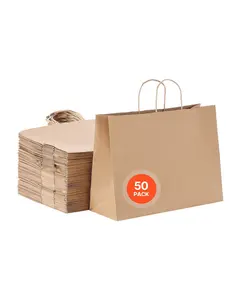 Kraft Paper Bags With Handles 50 Pcs 16x6x12 Inches Brown Durable Eco Friendly Reusable Gift Tote Bags For Party Shopping Retail Bulk Wholesale Perfect For Wedding Events And Craft Fairs With Sturdy Handles