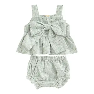 Infant Baby Girls Summer Outfit Newborn Floral Plaid Striped Print Sleeveless Bowknot Camisole Tank Tops Ruffled Striped PP Shorts #Springtok