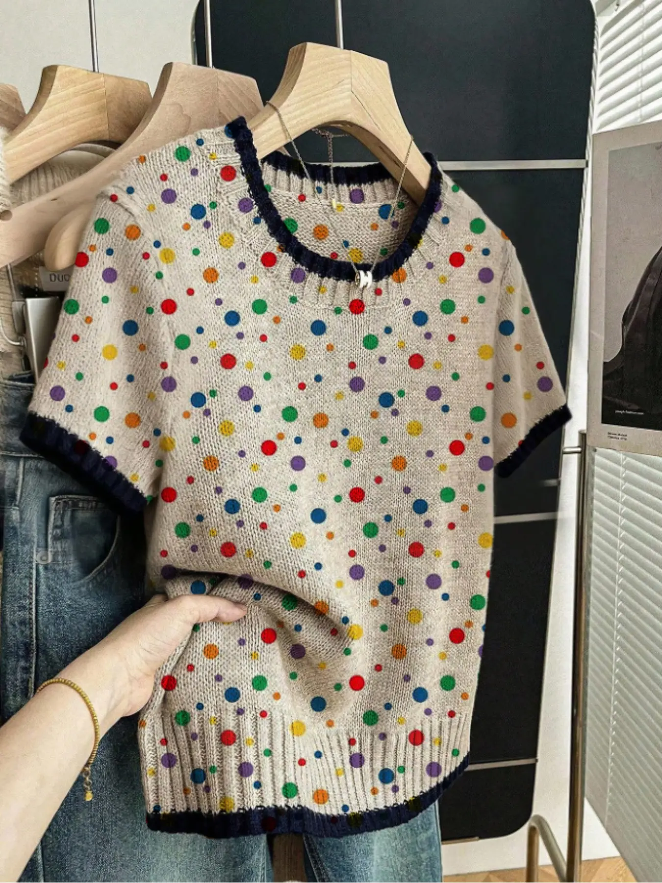 Women's Multicolor Polka Dot Knit Fitted Sweater, Casual Round Neck Short Sleeve Top, Comfortable Warm Fall Winter Clothing