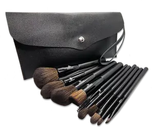 Begonia Bella 10-Pc Essentials Makeup Brush Set with Travel Bag - Vegan Bristles, Dense & Soft, Superior Performance, Wooden Handles, Black