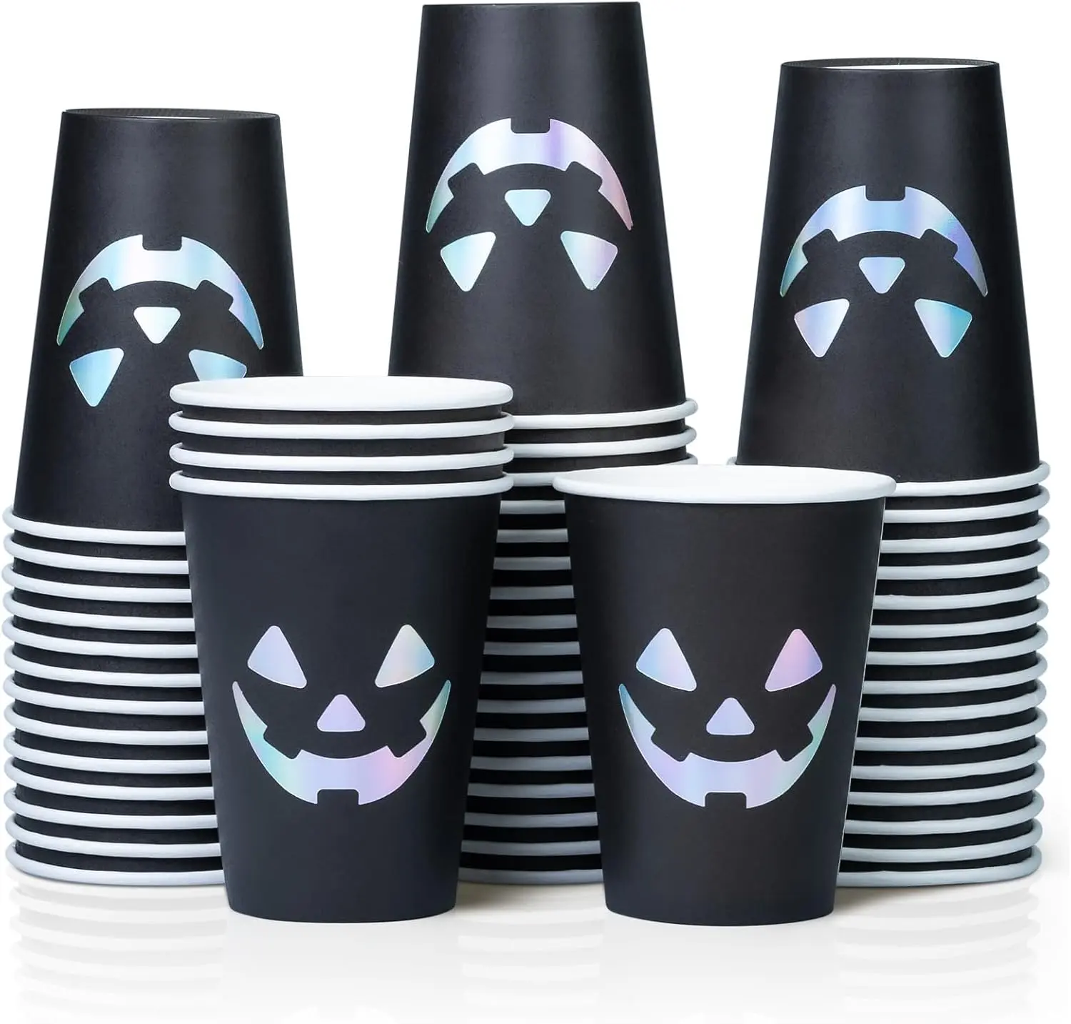 Halloween Disposable Paper Party Cups, Bulk 50 Pack, Leak-Resistant, 12 oz Hot and Cold Cups for Restaurants and Parties, Jack-O-Lantern, Black & Silver