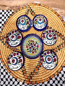 Palestine Pottery Breakfast set of Zeit & Zatar, Flat Bowl 15 cm, Labneh, Jibneh, Mrabah, and Asal (زيت وزعتر، لبنة، جبنة، مربى، عسل)
