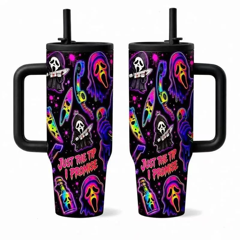 1pc 40oz Neon Horror Movie Style Stainless Steel Vacuum Insulated Tumbler Flasks with Handle, Leakproof Lid and Straw, Double Wall Travel Office Cup for Hot & Cold Drinks, Keeps Hot 12H & Cold 24H, Spooky Gift Cup