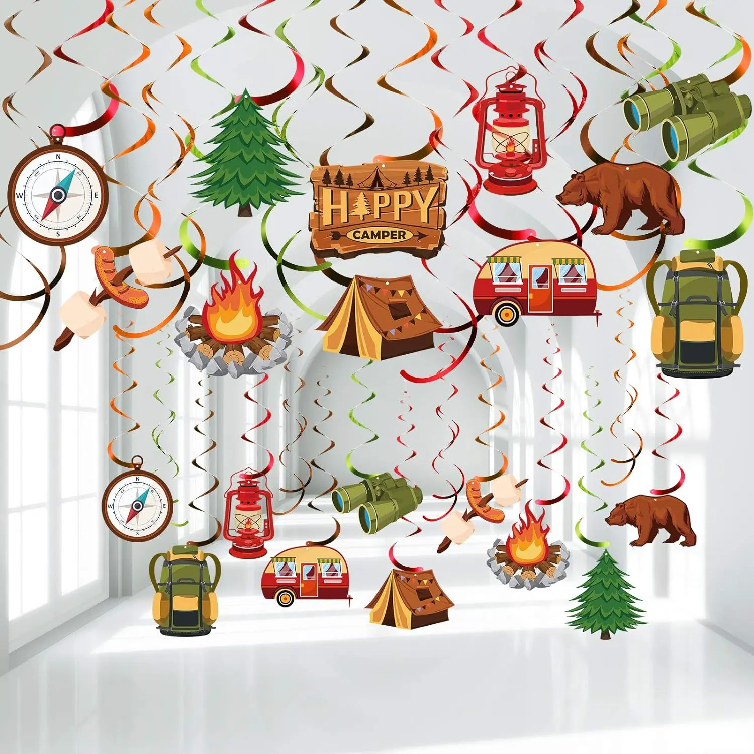 30 Pieces Happy Camper Party Hanging Swirls, Camping Adventure Bears Sign Foil Swirls Ceiling Decorations