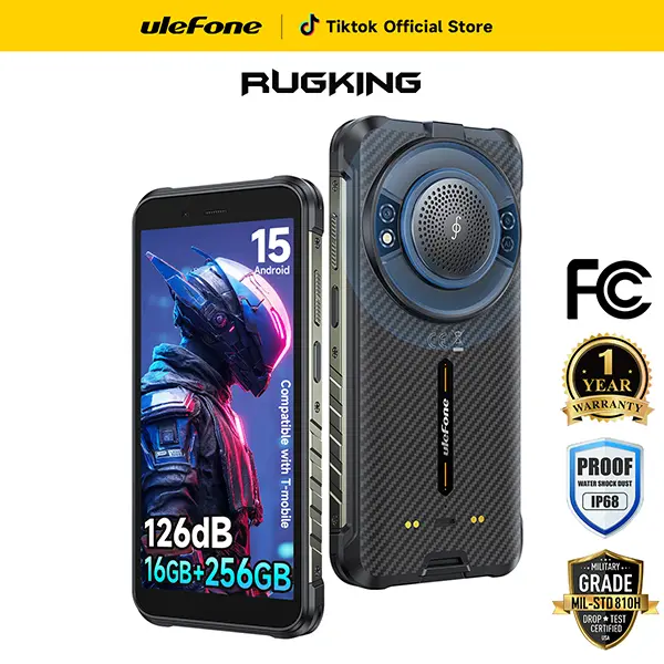 Ulefone RugKing Unlocked Smartphone, 126dB HiFi Speaker,16GB Ram+256GB Rom,126 Lumens Built-in Glare Flashlight,50MP+2MP+8MP Cam,9600mAh Battery,5.93" & 910 nits Max Brightness Screen,3-Card Slot,NFC/GPS,Dual 4G LTE,Android 15 Rugged Phone, Portable, Dura