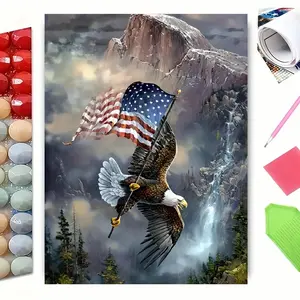 5D Diamond Painting Kit - Majestic Bald Eagle Carrying Flag Over Mountain Waterfall, Full Drill DIY Art, Handcraft, for Patriotic Home Decor, Perfect for Memorial Day, Veterans Day & Relaxation, Craft an Inspiring Scene to Honor & Cherish, Handmade Gifts