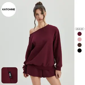 Katch Me Women's Casual Solid Color Sloping Shoulder Long Sleeve Top, Versatile Loose Scopp Neck Sweatshirt, Comfort Basic Going Out Outfit