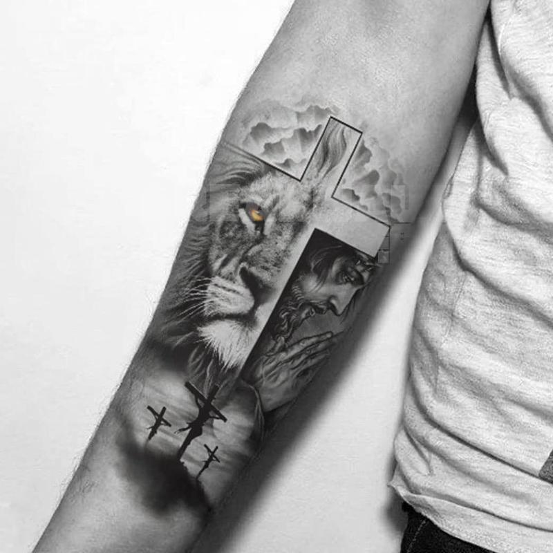 72 Sheets 3D Black Tribal Realistic Lion Temporary Tattoos for Men Women Adults, Bulk Tiger Wolf Warrior Gladiator Temp Skull Skeleton Halloween Fake Half Arm Sleeve Tattoos Stickers Legs Kit Costume Party Home Decor American Pride Day  scene accessories