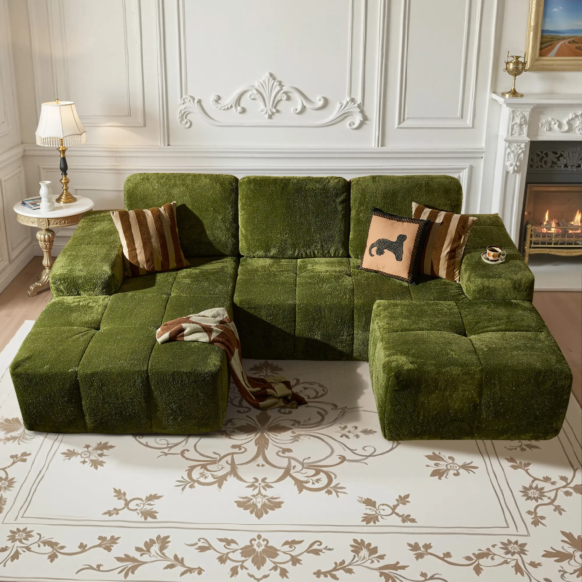 Silver Velvet Fabric Green Left Chaise & Ottoman