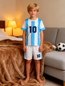 Boys' Short Sleeve Pajama Set, Soccer Style, Loose Fit, Elastic Waist, Breathable Home Wear, Casual Pajamas, Pajama Sleepwear