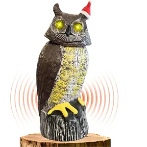 Solar  Owl, Motion Detection, Rotating , Realistic Hoots and Silent Mode, Outdoor Statue, Sculpture, Owl Decoration with a Christmas Hat for , Garden, Patio and Lawn