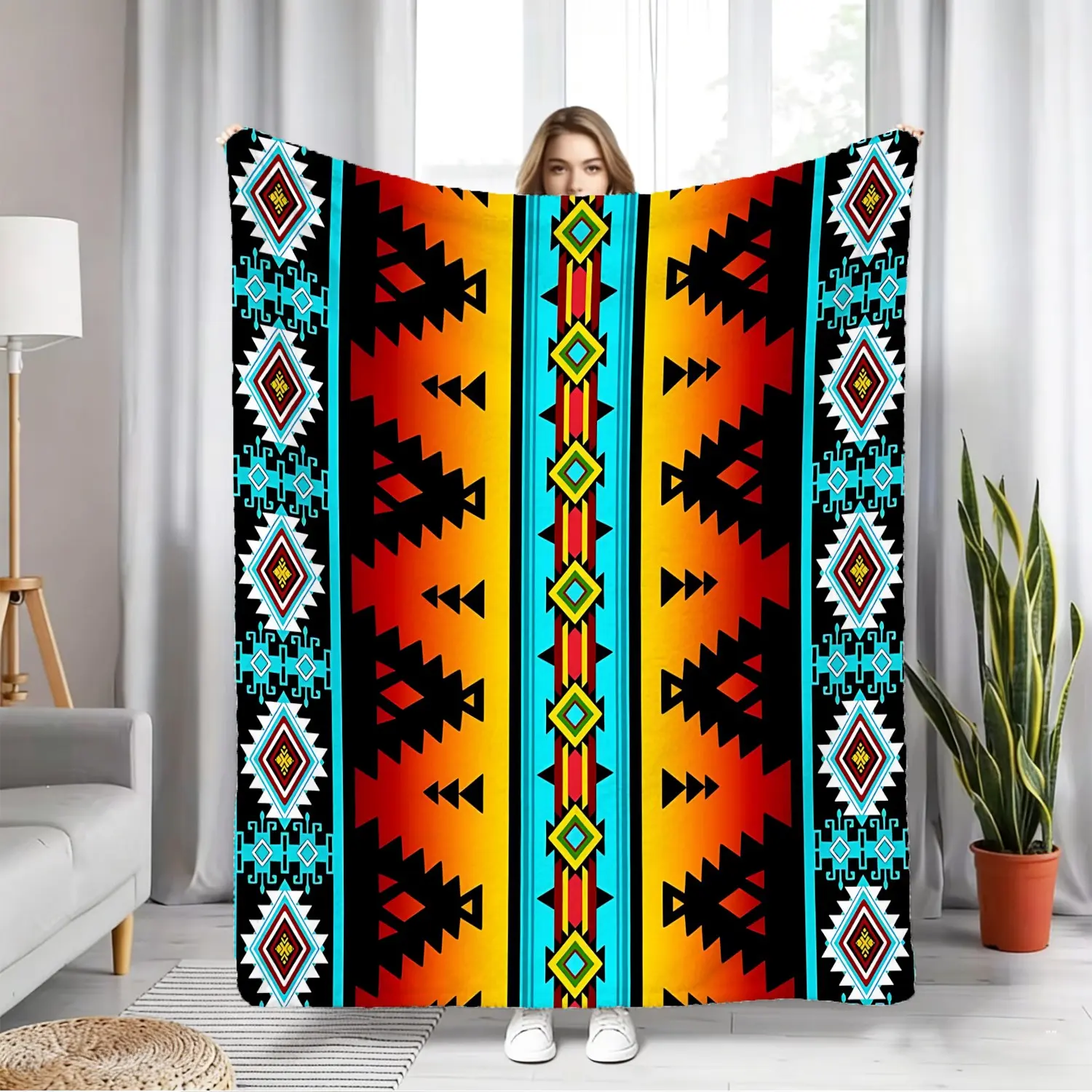 [Southwestern Geometric Throw Blanket] Bohemian Pattern Flannel Blanket, Soft & Warm Tribal Art Throw for Couch, Bed, Home Decor, Camping & Office Nap, Cozy Lightweight Throw Blanket Gift.