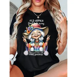 Vintage Plus Size Hippie Graphic T-Shirt for Women Featuring Funny Old Hippies Don't Fade Away Saying with Flower Crown and Peace Signs Retro 60s and 70s Hippie Grandma Casual Summer Top