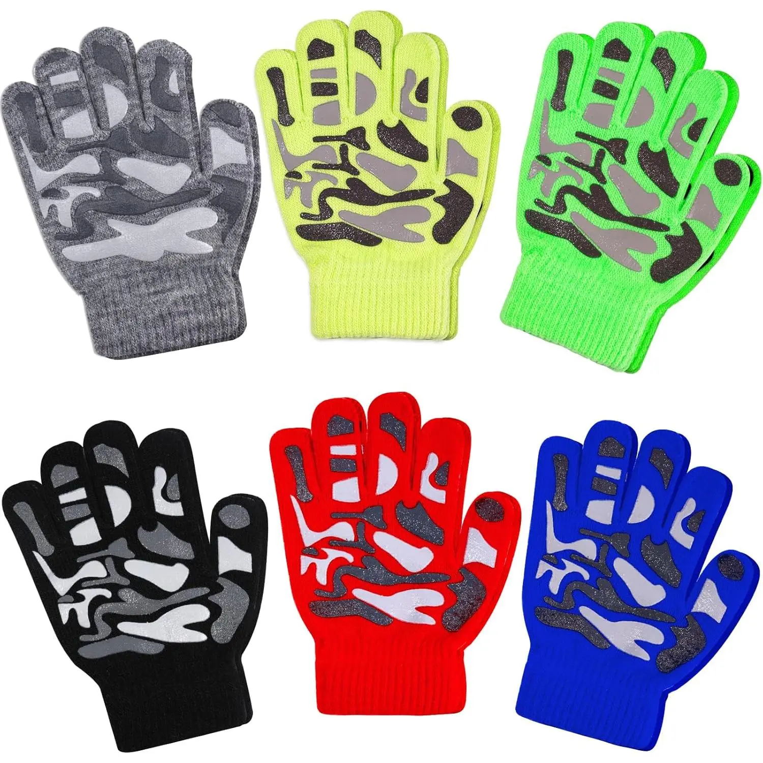 6 Pairs Kids Winter Gloves for Boys & Girls Ages 3-8, Warm Stretchy Knit Magic Gloves with Anti-Skid Grip Designs, Elastic Gloves, Glove Designs