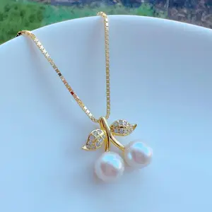 Piswency Akoya Pearl Pendant Necklace, Real Saltwater Pearl Cherry Necklack, 925 Sterling Silver Box Chain, Christmas Gift for Her