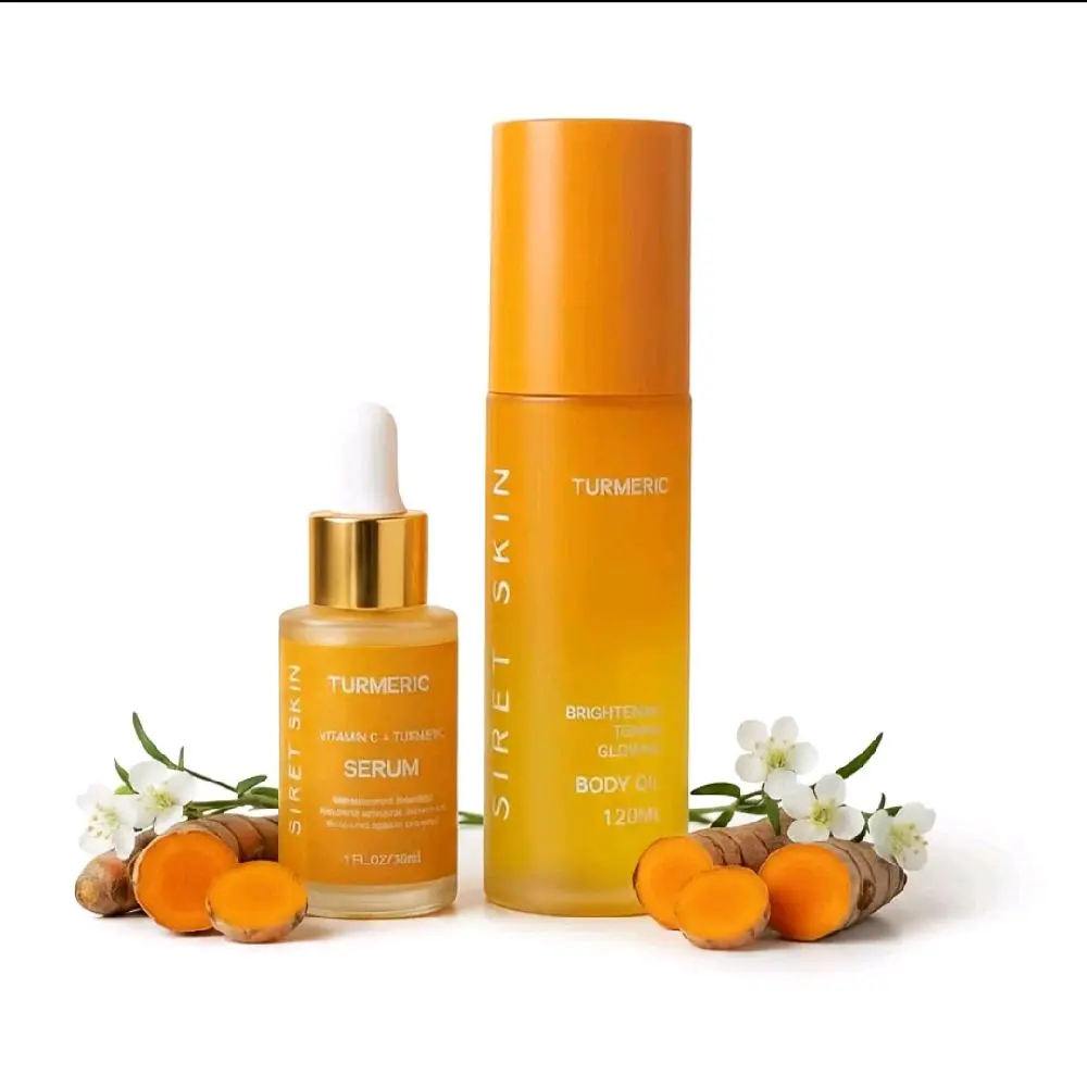 Siret Skin Turmeric Serum & Body Oil Set – Vitamin C + Turmeric Serum 1 fl oz & Brightening Body Oil 120 mL