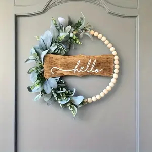 11.8 Inch Rustic Wedding Decoration, Hello Sign Board for Front Door, Wooden Letter Sign, Home Decoration in Blue-Green, Farmhouse Decor, Porch Greeting Sign, Script Design, Beaded Border Detail, Vintage Style, Durable Material, Best for Christmas
