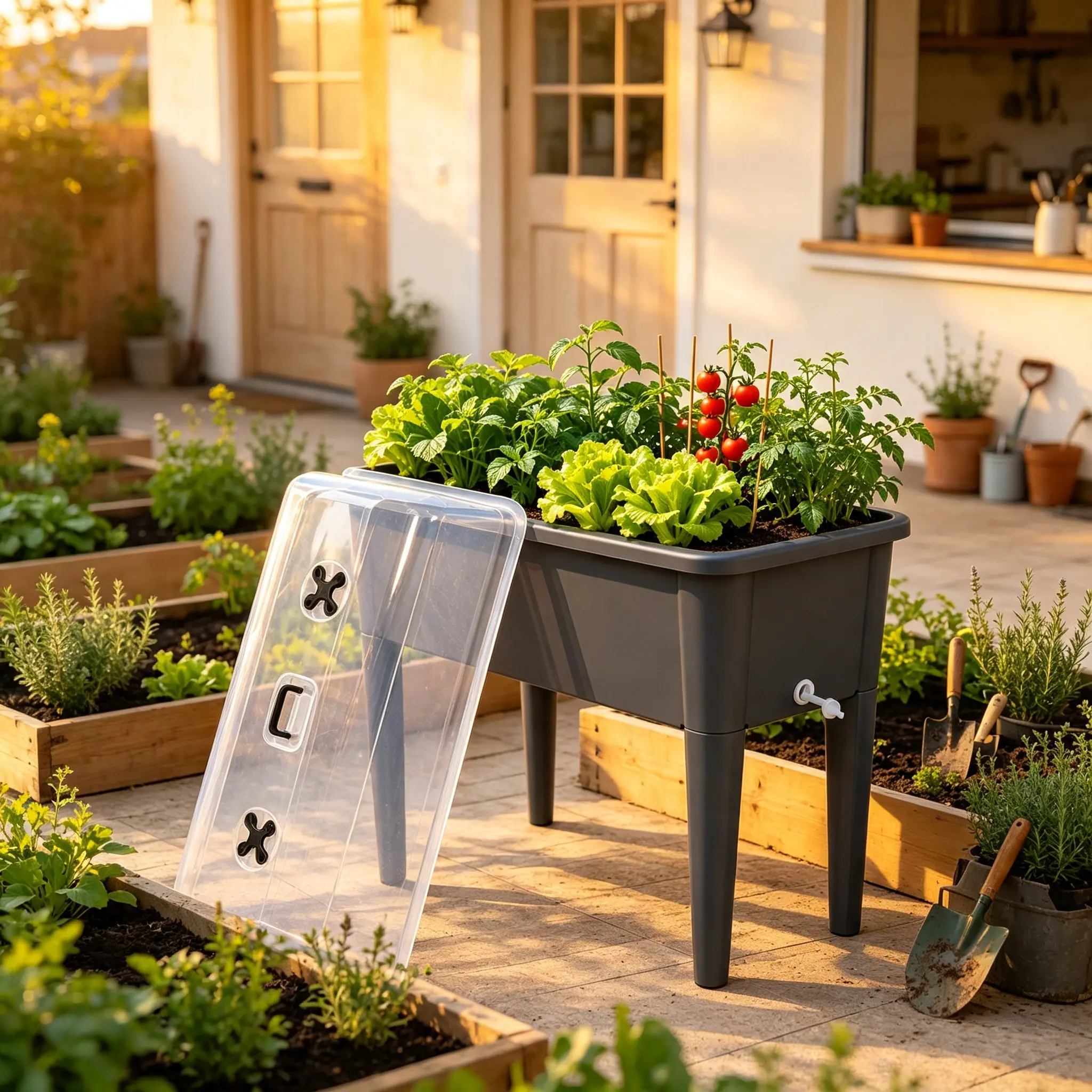 Deep Gray Elevated Garden Bed with Ventilated Transparent Greenhouse Lid, Removable Legs for Vegetables, Flowers