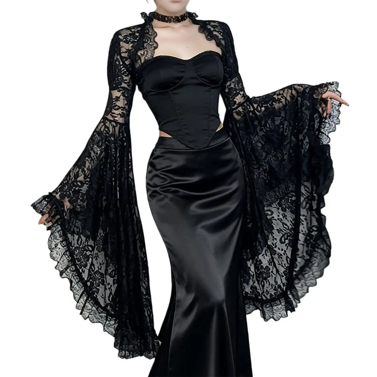 Goth Crop Shrug Cardigan for Women - Black Lace Floral Sheer Mesh Flare Long Sleeve Ruffled Punk Renaissance Bolero Tops for Wedding Bridal