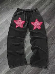 Men’s and women’s styles. Streetwear-inspired, faux patchwork pink star print with cotton, retro-style, distressed, lightweight pants. The fabric is comfortable and soft. New men’s straight-leg pants, versatile for all seasons, athletic wide-leg sweatpant