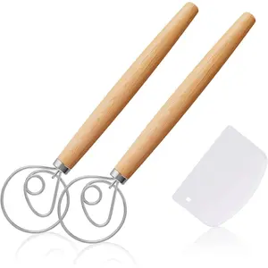 2 Pack 13-Inch Danish Dough Whisk with Dough Scraper,  Stainless Steel Bread Whisk Mixer with  Wooden Grip, Ideal for Sourdough, Pizza Dough & Pastry Making