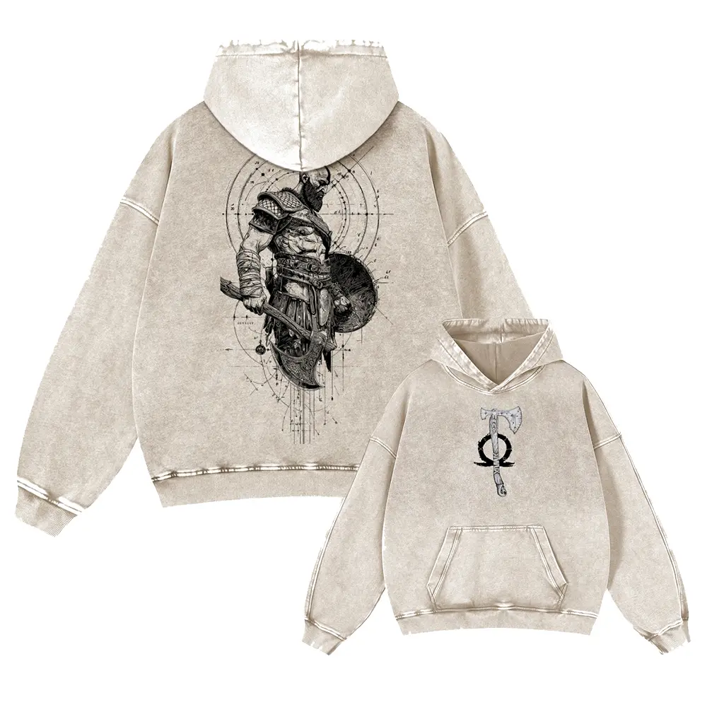 kratos Unisex FallFreshness outfits men streetwear 80s 90s graphic tees cotton Game funny 350G Washed Hoodies men gifts
