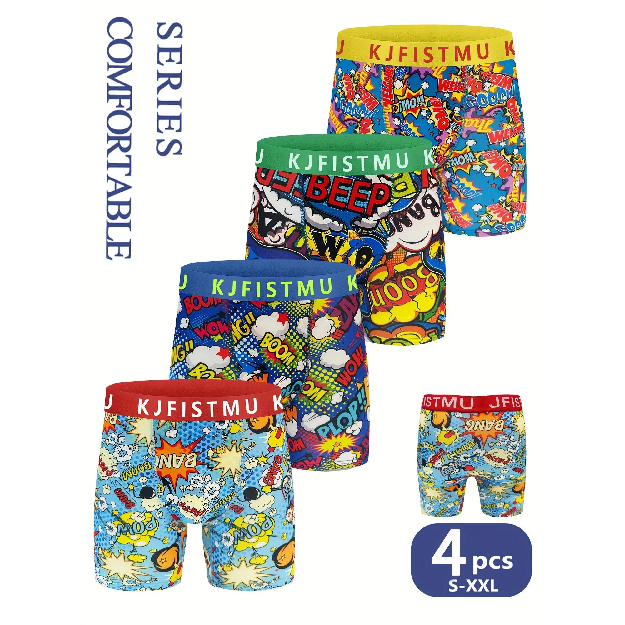 4pcs KJFISTMU Comic-Print Boxer Briefs Colorful Waistband + Pop Art Patterns Unique, Trendy, And Comfortable., Workout Briefs, Daily Essentials, Unique Patterns, Playful Style, Lightweight Underwear, Breathable Fabric, Multipack Underwear