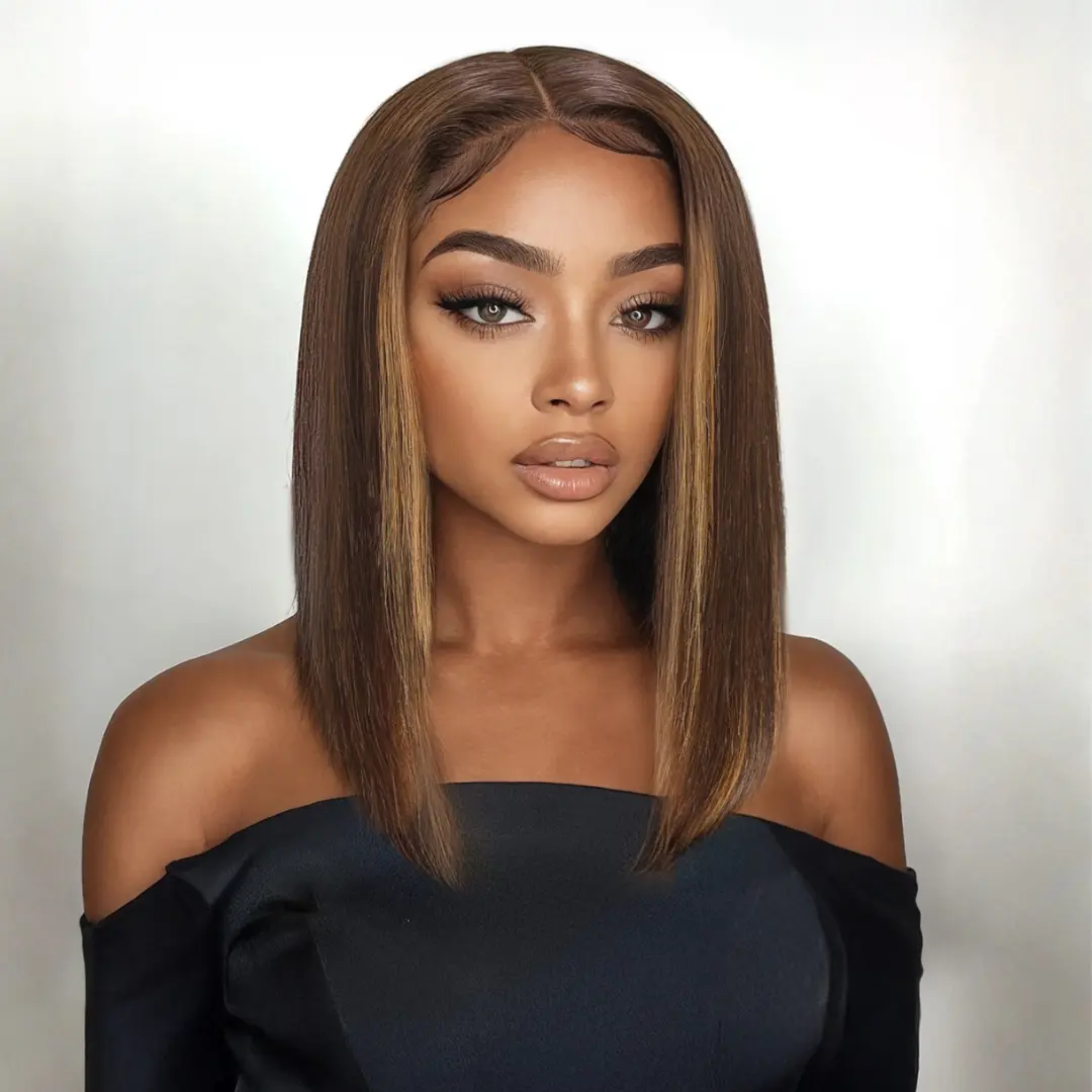 Nadula Glueless Chocolate Brown Face Framing Balayage Bob Wig 7×5 Lace Closure Human Wig Caramel Honey Highlights Sleek Straight Clean Girl Hair