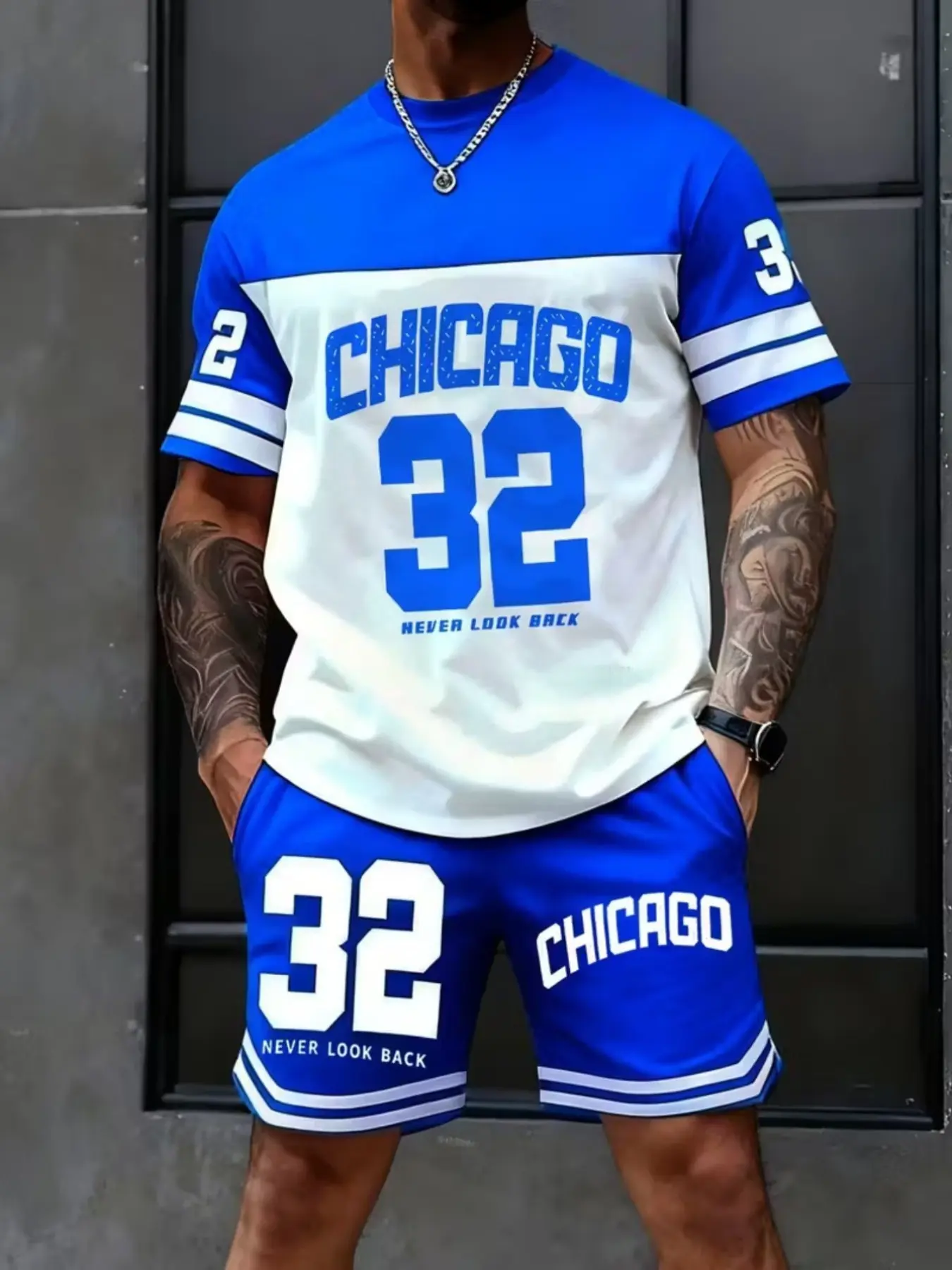 Men's Chicago 32 Sports Set, Workout Sets, Blue Colorblock Print Tee + Shorts, Casual Basketball Style, Short Sleeve, Fitted, All over Print, Sports Style Jersey, Sportswear For Summer
