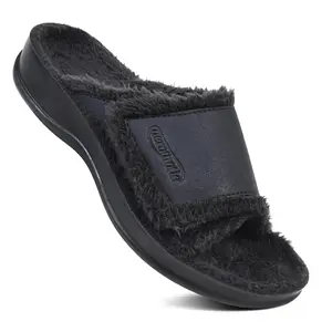 AEROTHOTIC - Hadley Warm Fuzzy House Slippers for Womens - Soft Faux Fur Material - Adjustable Straps - Non-Slip Sole