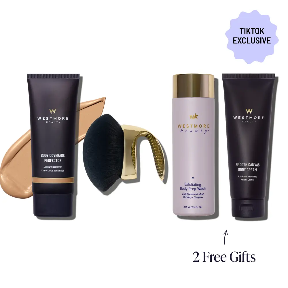 Westmore Beauty Ultimate Body Set | Exfoliating Body Wash, Body Coverage Perfector, X-Large Buffer Brush - Flawless Body Makeup, Concealer for Scars, Spots, Veins, Tattoos and More