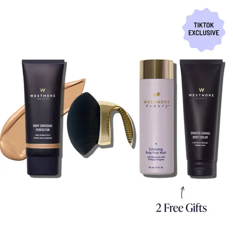 Westmore Beauty Ultimate Body Set | Exfoliating Body Wash, Body Coverage Perfector, X-Large Buffer Brush - Flawless Body Makeup, Concealer for Scars, Spots, Veins, Tattoos and More